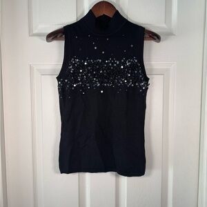 Elisa Landri Black Knit Beaded Sweater Tank Mock Neck Made in Italy Size Small